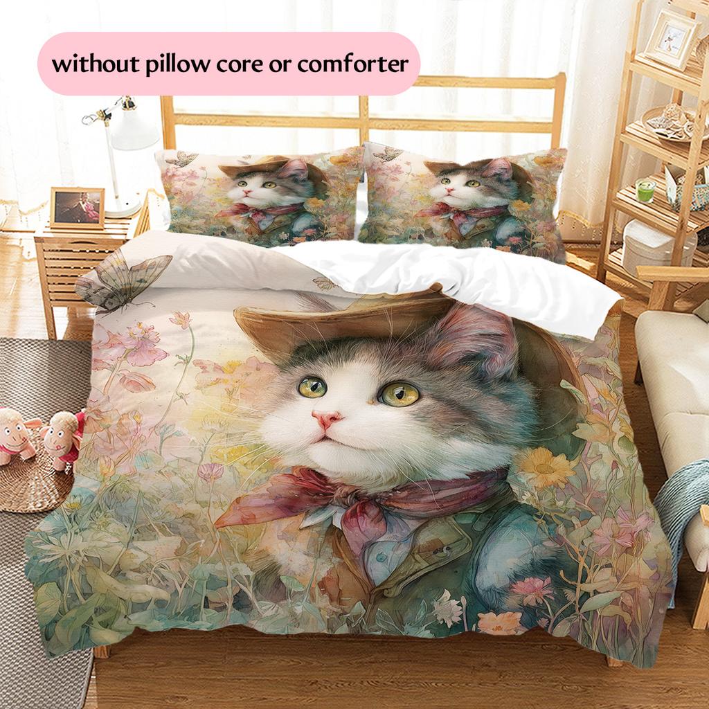 Set Copripiumino Trapuntato con Fantasia Gatto con Cappello Vintage Decorazione per la Casa Regalo (1 * copripiumino + 2 * federa, senza nucleo)