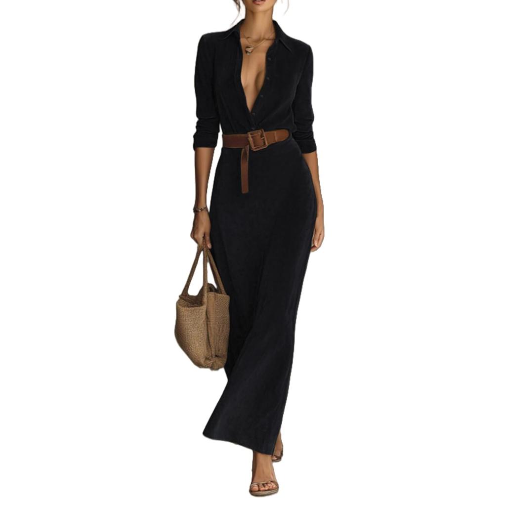 Women's Long Sleeve Lapel Button Suede Wrap Long Dress Warm Casual Belted Dress