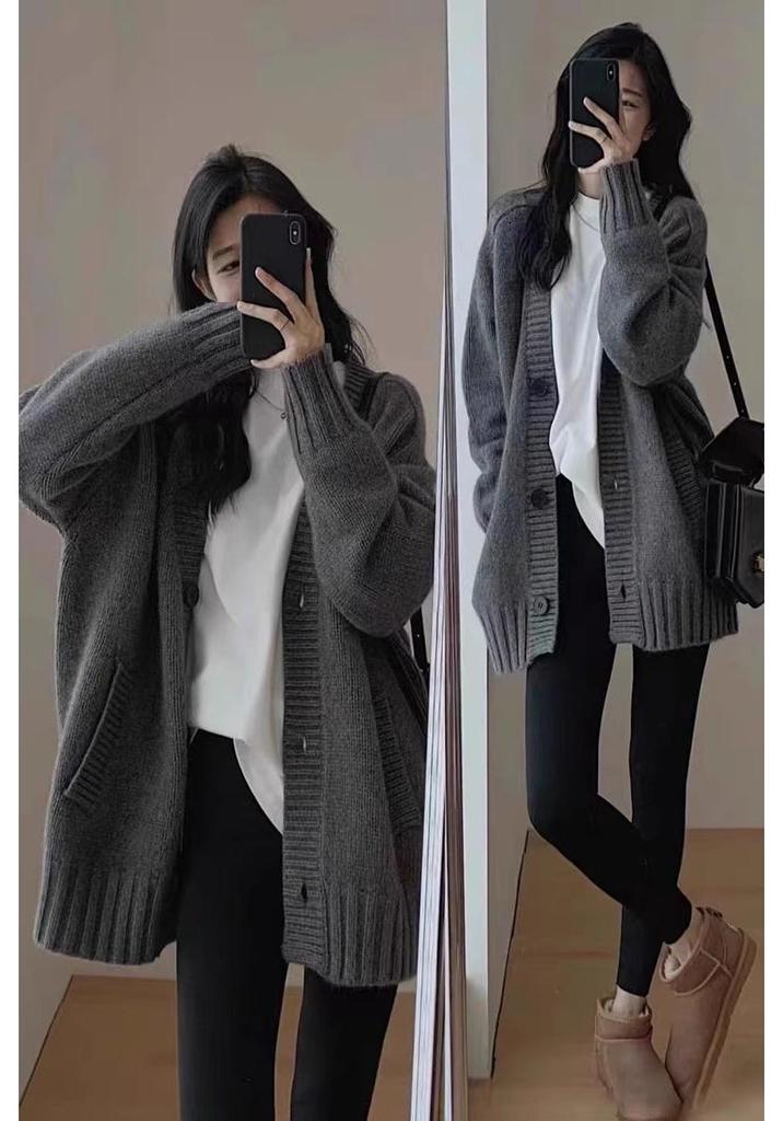 Women's V-Neck Pure Wool Mid-Length Cardigan Coat, Elegant Gray - Autumn/Winter Style