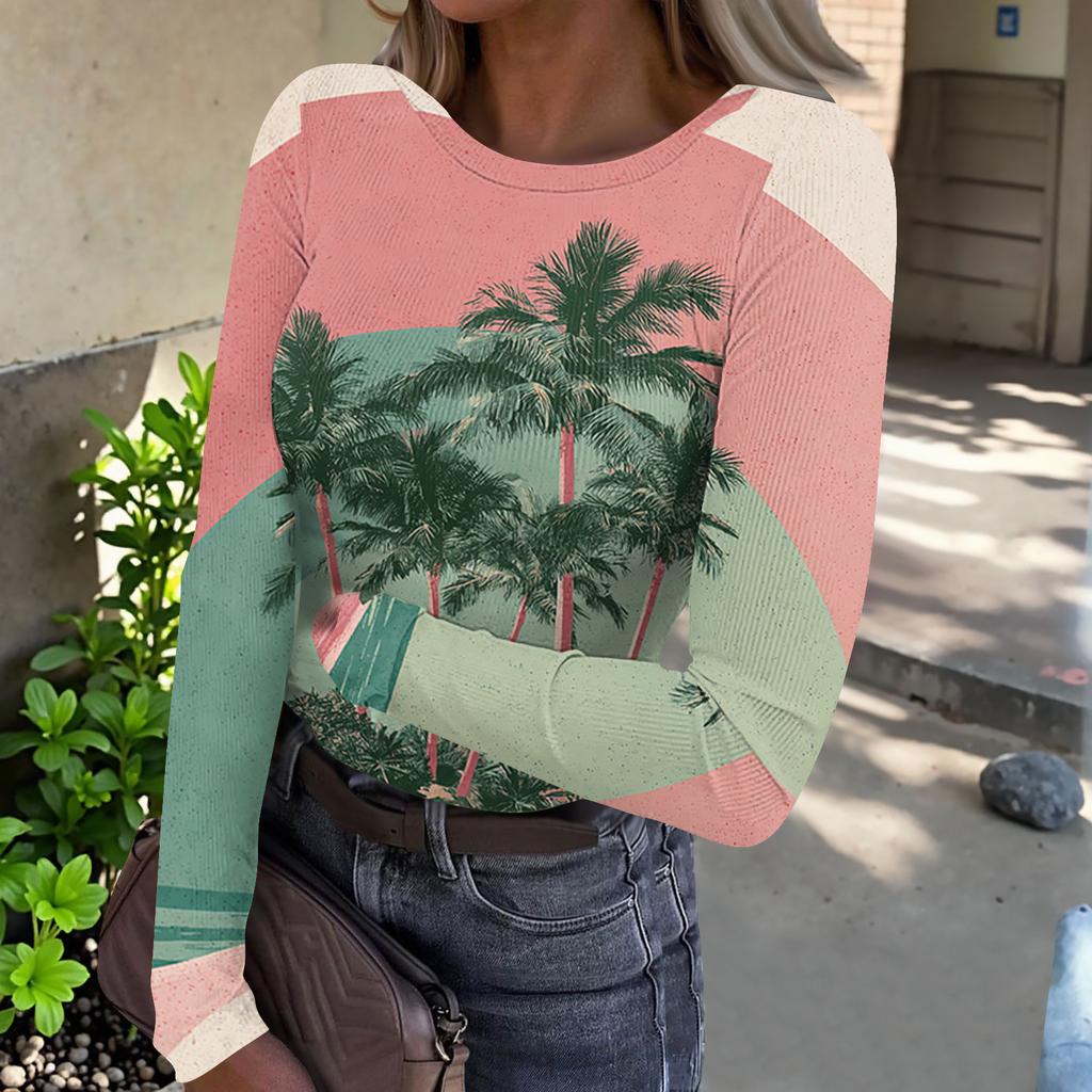 Damen Lässiges Mode-Oberteil mit Rundhalsausschnitt, Hawaiianischem Print und Langen Rippbündchen