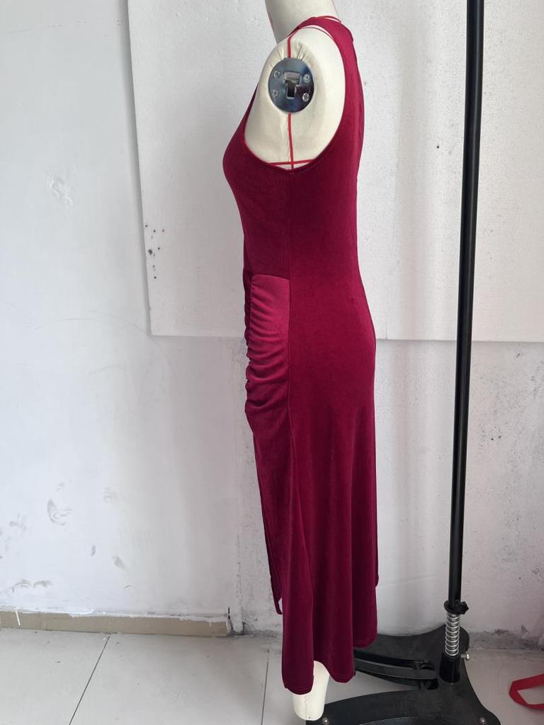 2026 Women's Solid Color Velvet High Slit Bodycon Dress - European and American Summer Fashion