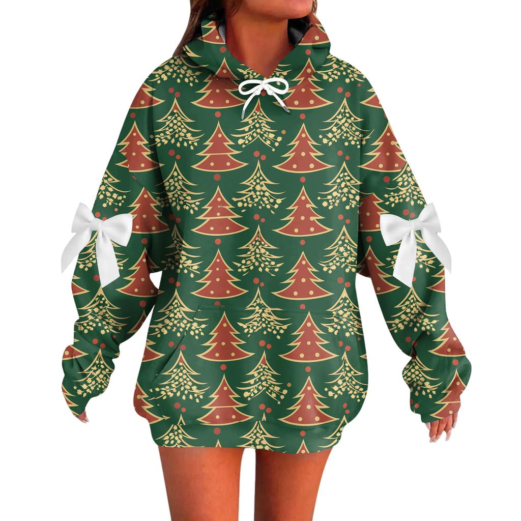 Ladies' Christmas Printed Bow Long Sleeved Loose Fitting Headband With Rope Hooded Sweatshirt Top