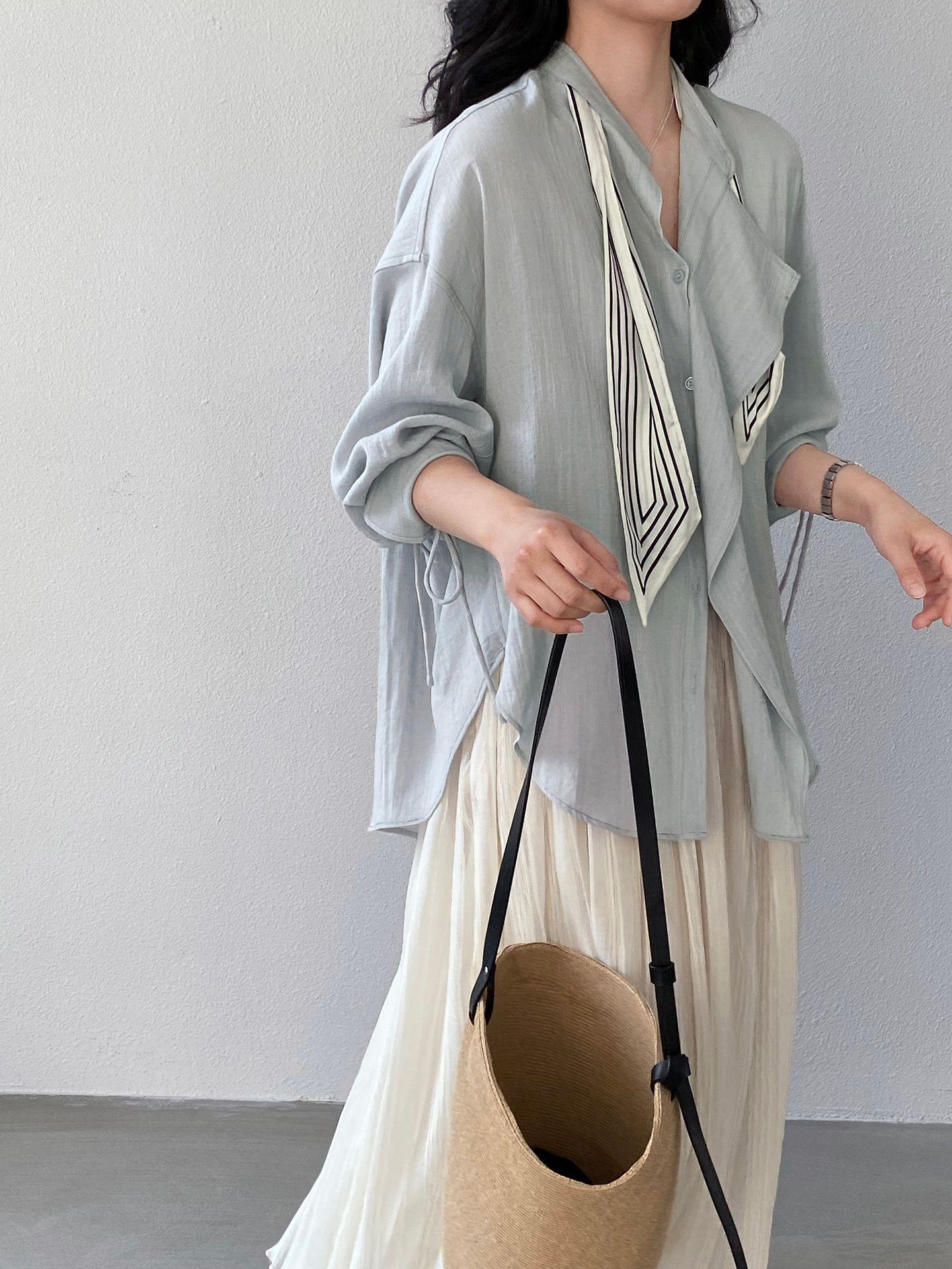 Jiangzuo Women s Spring Freesia French Style Scarf Tie Loose Top - Versatile and Romantic Small