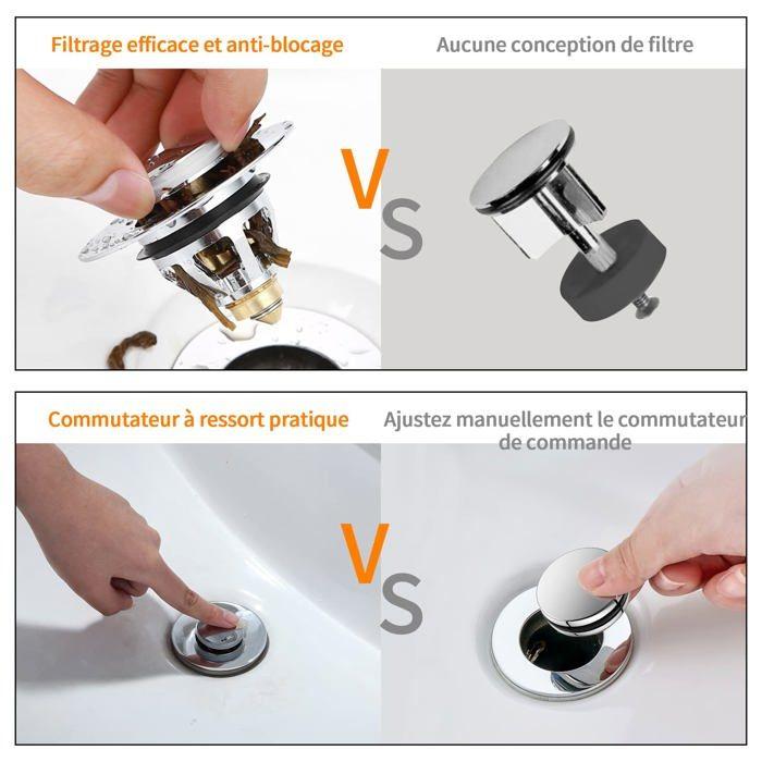 Bouchon pop-up universel lavabo/baignoire 34–38 mm, filtre anti-cheveux inox/laiton anti-bouchage