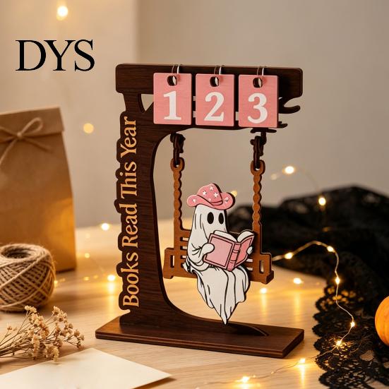 Unique Book Lover Gifts Wooden Tree Calendar Desk Ornament, Flippable Number Reading Goal Tracking Halloween Ghost Ornament Tabletop Decor,