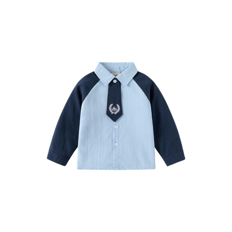 Children's Clothing Spring and Autumn Boys' Shirt with Tie Children's Preppy Style Long Sleeves Shirt Children Lapel Color Matching Top
