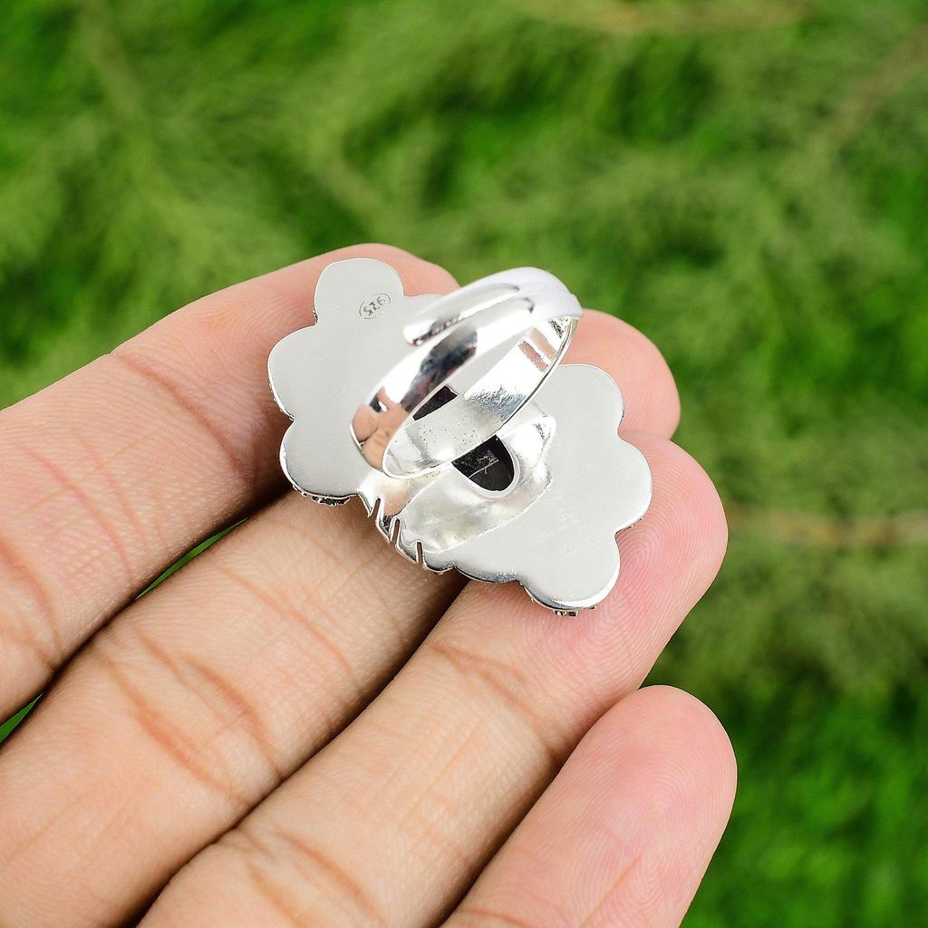 Gift For Her Natural Chevron Amethyst Promise Flower Adjustable Ring 925 Silver