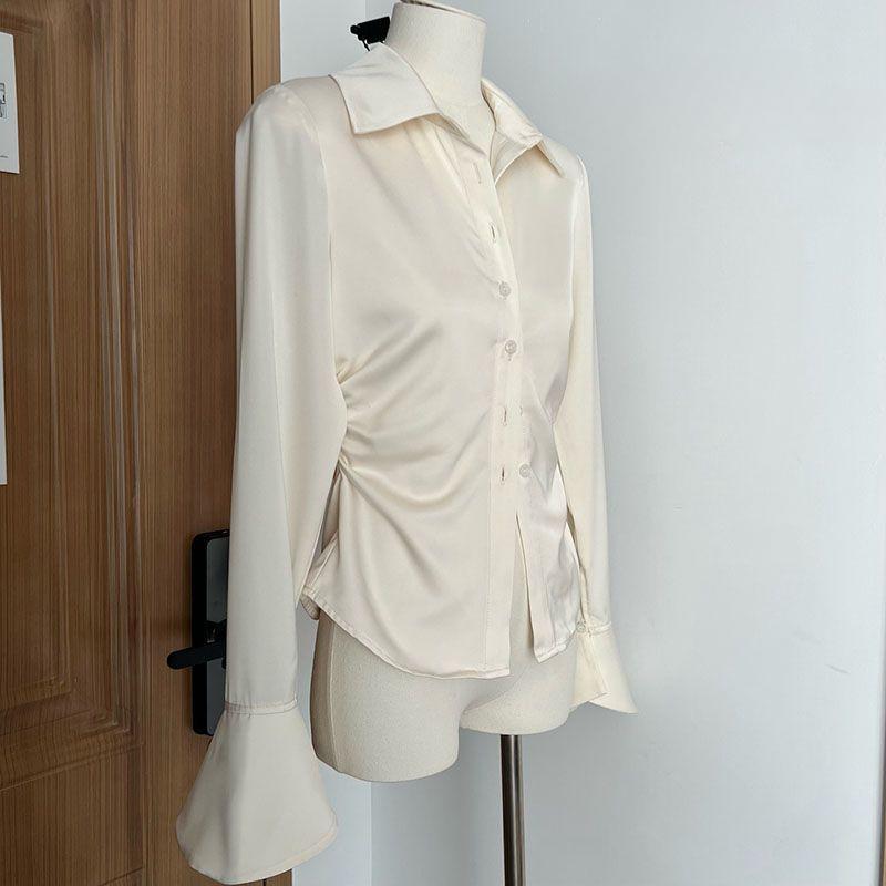Satin Waist Folded Shirt for Female Women's Slim Fit Short Flared Sleeved Blouses Solid Color Single Breaste Lady's Tops