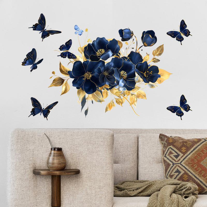 Blue Floral Butterfly Wall Sticker Self Adhesive Home Decor for Living Room Bedroom Bathroom Entrance Background Removable Decal