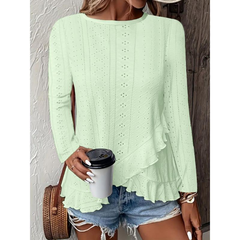 Nye vår- og sommerdameklær og avslappede ensfargede langermede t-skjorter med rund hals