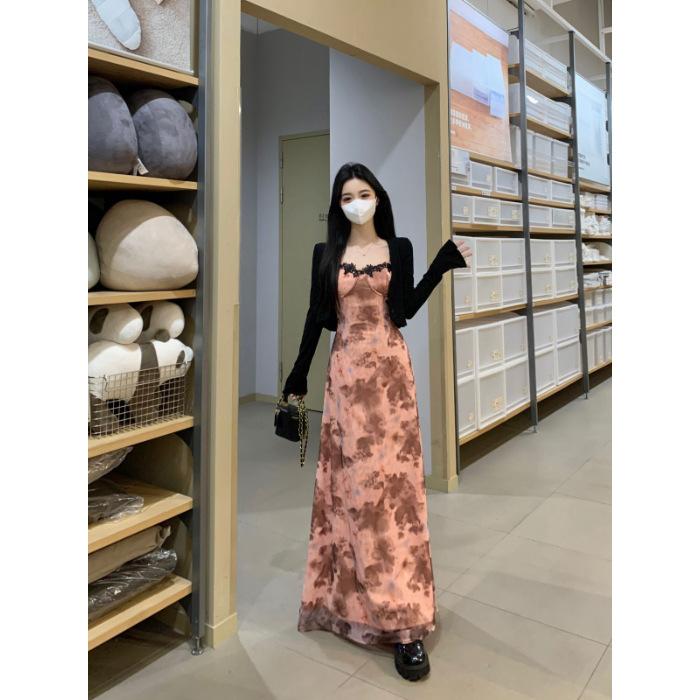 Spice Girl Lace Printed Suspender Dress Early Autumn Temperament Waist Skinny Cardigan Holiday Suit Floral Long Dress