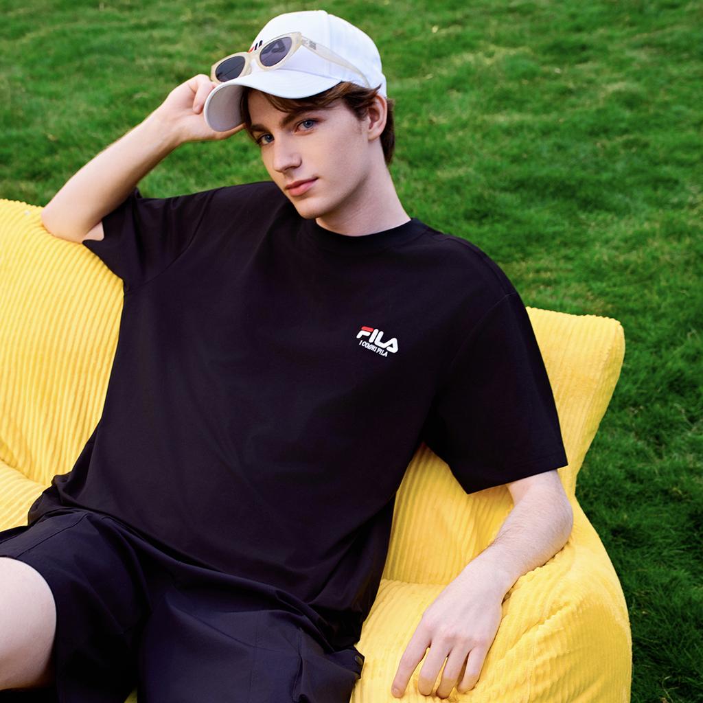 Fila Original Classic Embroidered Logo Simple Fashion Retro Casual Sports Comfortable Knitted Short Sleeve T-Shirt Unisex Tops Black F51U619103FBK