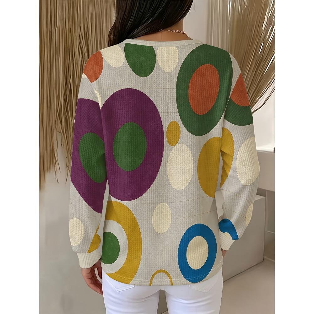Waffle- Sweatshirt Featuring a Vibrant Large Design with a Three-button Round Neckline and Long Sleeves Top