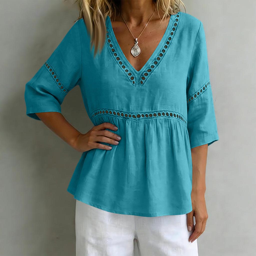 Ladies' Fashionable Casual V-neck Mid Sleeve Women's Top Shirt
