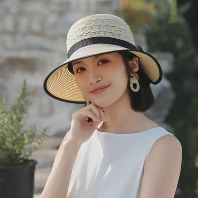 Sombrero de paja de punto estilo coreano para mujer: moda de primavera y otoño, sombrero para el sol con lazo que combina con todo.