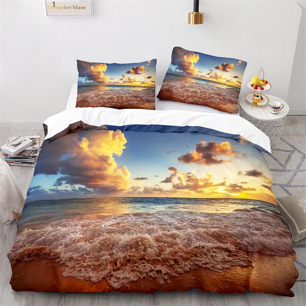 Beach Ocean Duvet Cover Set Sunset Hawaiian Waves Comforter Cover Tropical Island and Sea Beach Nature Polyester Bedding Set
