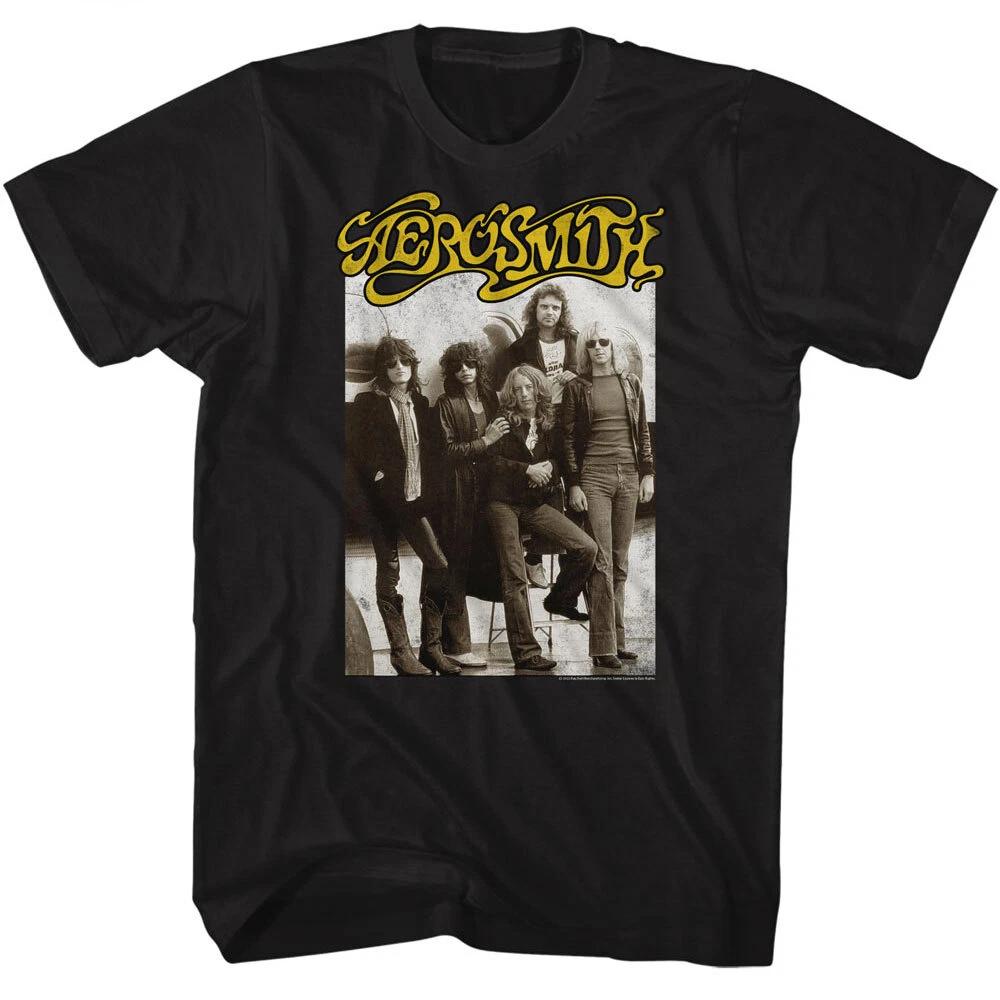 Aerosmith Group Photo By Plane Steven Tyler Men s T Shirt Rock Band Music Merch 2XL