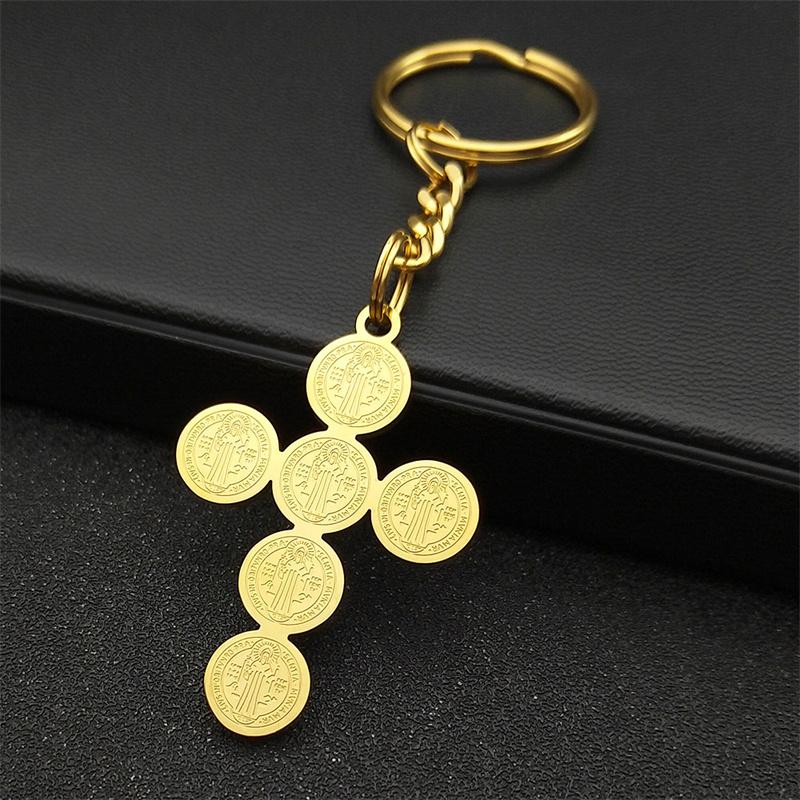 Saint Benedict Cross Key Ring for Women Men Stainless Steel Gold Color Catholic Faith Key Chain Jewelry llaveros K6230S02