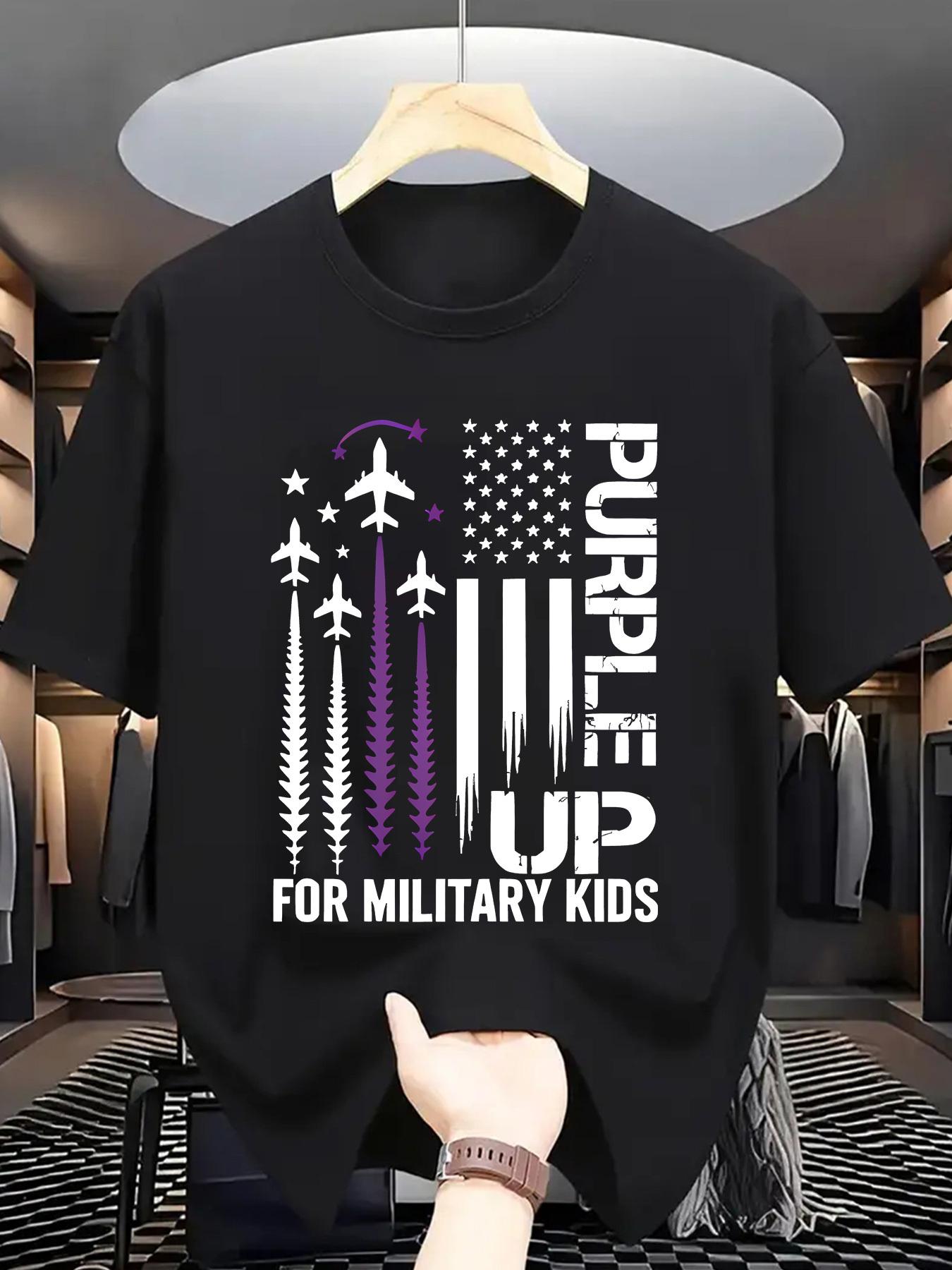 Mens patriotic military support graphic Tshirt  Purple American flag and fighter jet print S