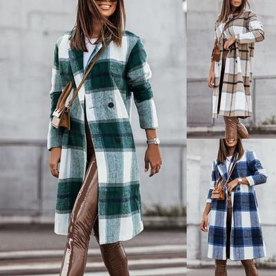 Women's Medium Plaid Double Breasted Long Sleeves Pocketless Coat Outwear