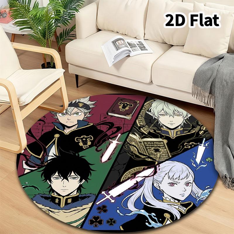 Black Clover Round Area Rug Carpet Rug For Living Room Bedroom Sofa Playroom Decor Nonslip Floor Mat