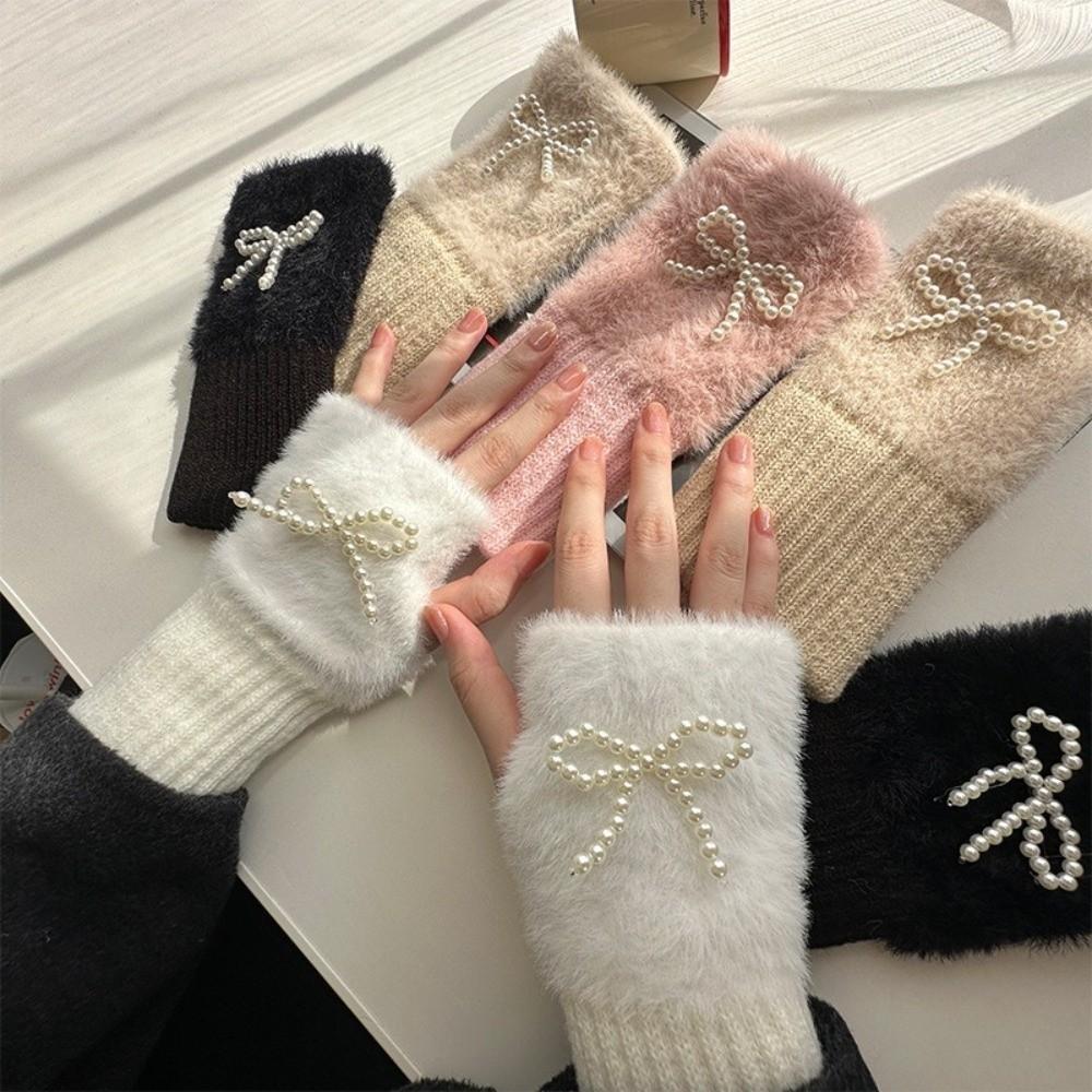 Pearl Bowknot Winter Fingerless Gloves Thickened Bow Gloves Softo= Wrist Sleeves Winter