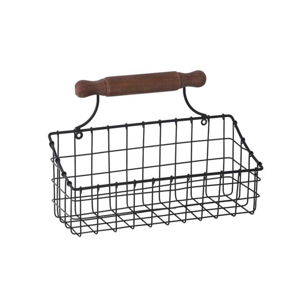 Wire Basket with Wooden Handle Black Metal Wall Hanging OpenTop Storage Bin for Kitchen,