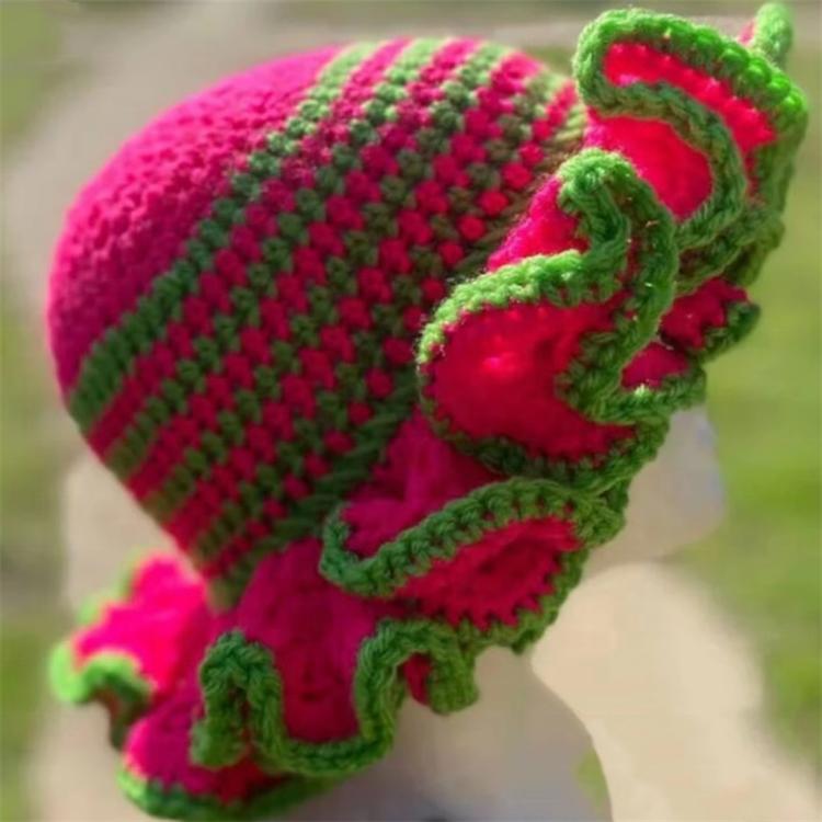 Handmade Knit Bucket Hat for Woman Weaving Ruffled Brim Bucket Hat Adult Teens Winter Cycling Fisherman Hat