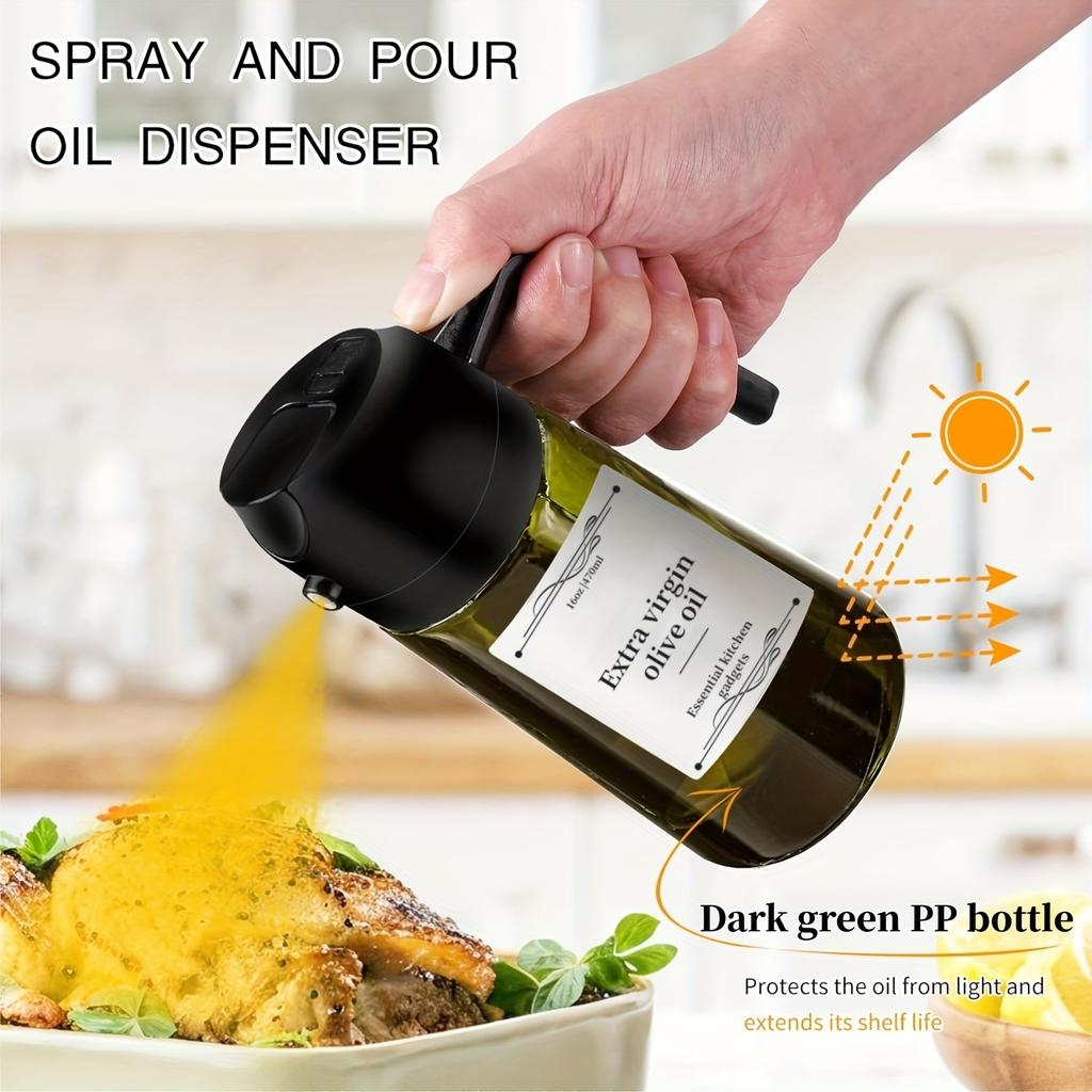 1pc 2-in-1 Olive Oil Dispenser & Sprayer, 16oz/470ml Dark Green Bottle, Durable Plastic with 6 Stickers, Kitchen Cooking Gadget