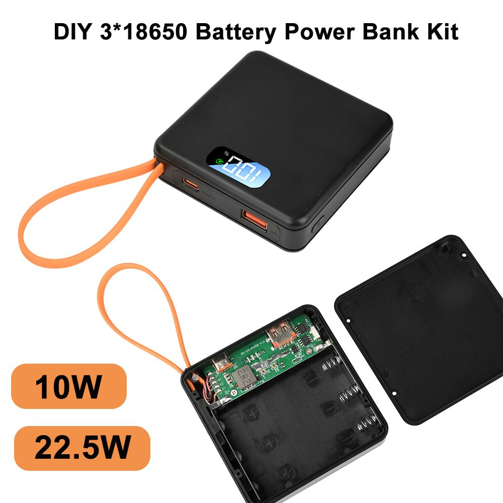 DIY Power Bank Kit 10W 22.5W Fast Charging, No Welding Design with 3x18650 Battery Case, Portable Power Supply Case