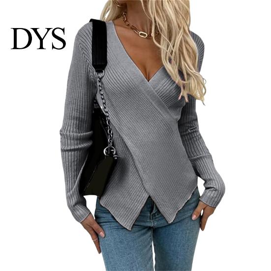 Γυναικείο Πλεκτό Πουλόβερ Σέξι V-Neck Wrap Πλεκτό Τοπ Εφαρμοστό Σταυρωτό Μπροστά Πουλόβερ Μακρυμάνικο Μαλακό Διαπνέον Ύφασμα Ρούχα Φθινοπώρου Ζεστό Wrap-around