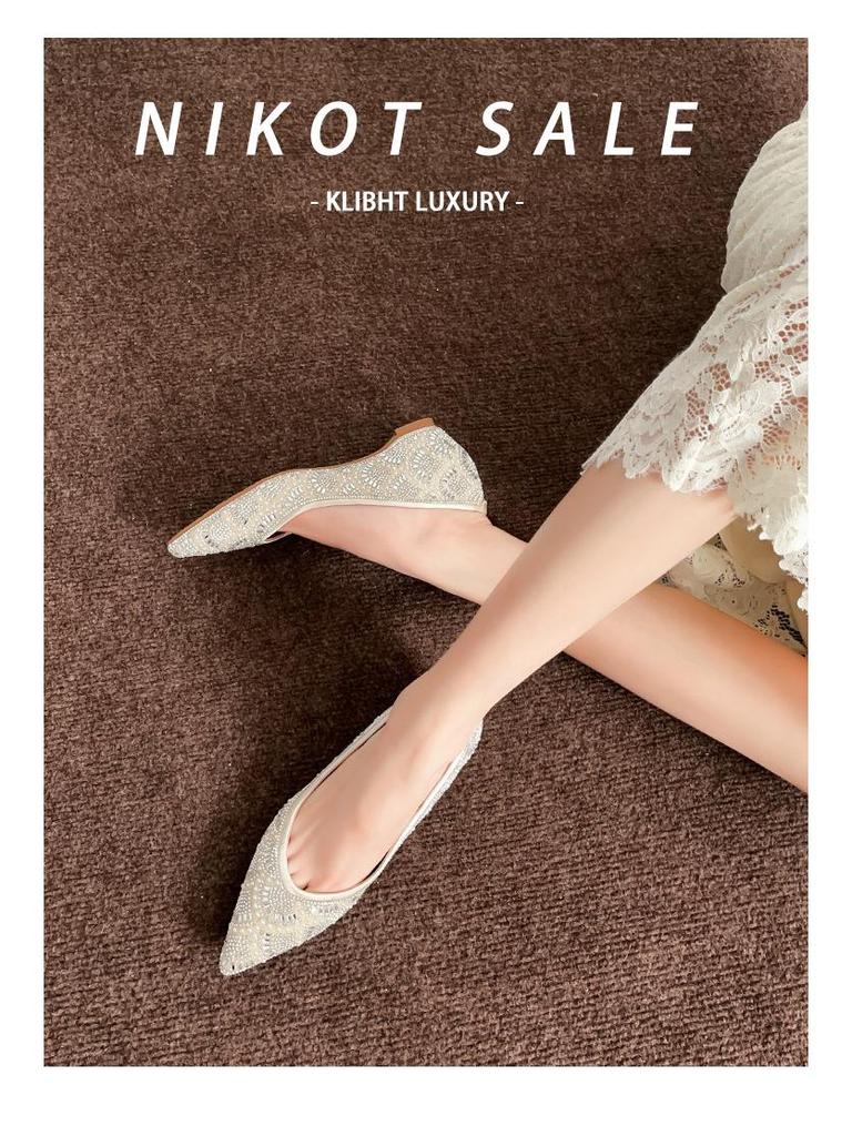 A33-8 Women's Rhinestone & Pearl Flat Wedding Shoes with Inner Height Boost