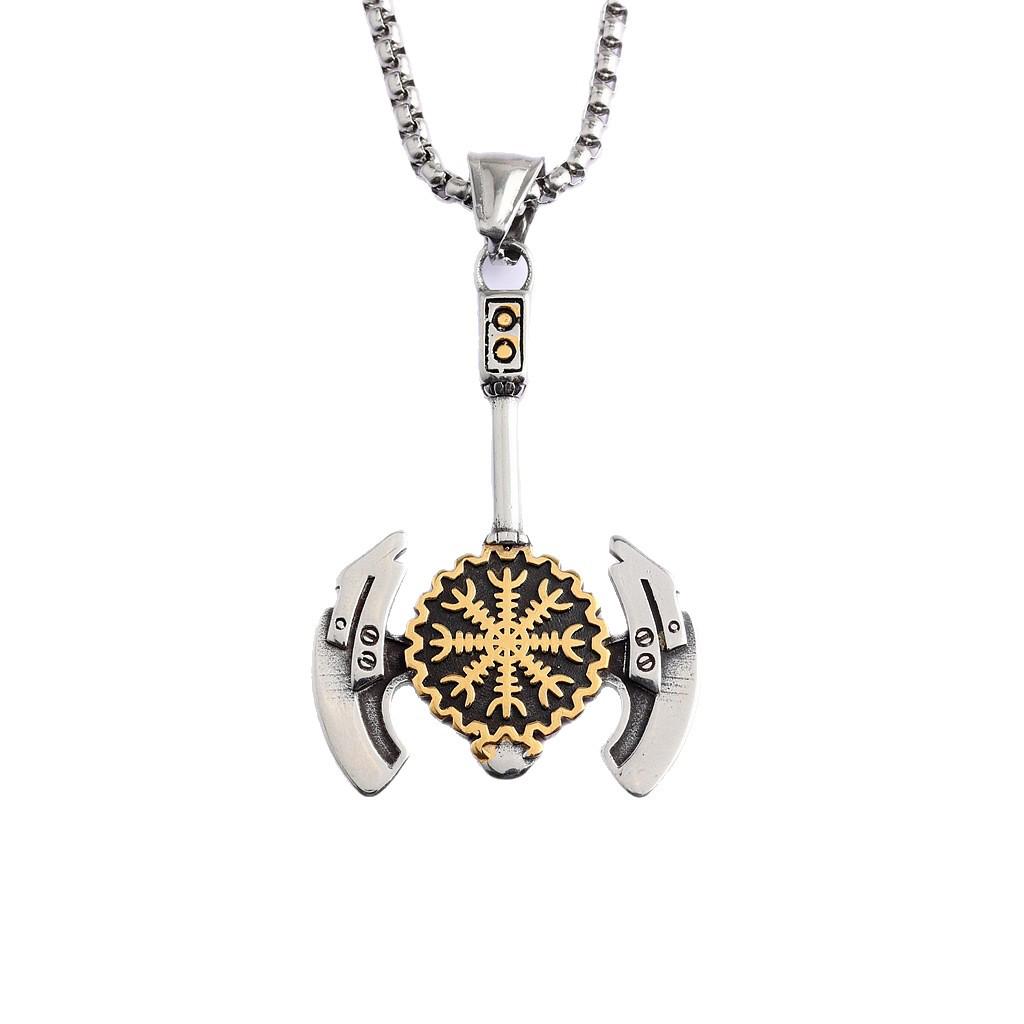 Nordic Style Viking Stainless Steel Double-Headed Axe and Snowflake Pendant.