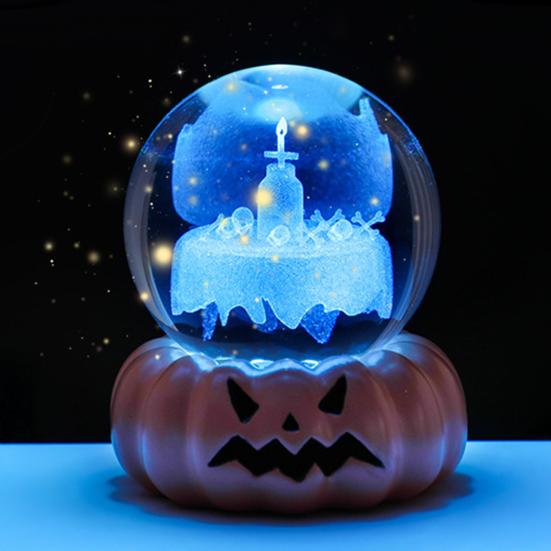 Halloween Crystal Ball Night Light for Kids 3D Pumpkin Crystal Ball LED Night Light with Resin Base Halloween Pumpkin Globes Lamp for Indoor