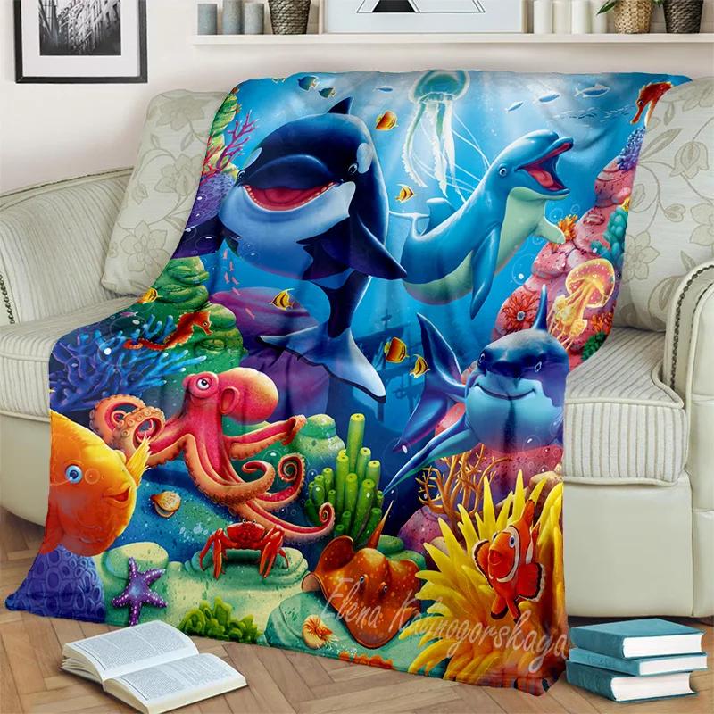 3D Underwater World Seabed Cartoon Blanket,Soft Throw Blanket for Home Bedroom Bed Sofa Picnic Travel Office Cover Blanket Kids