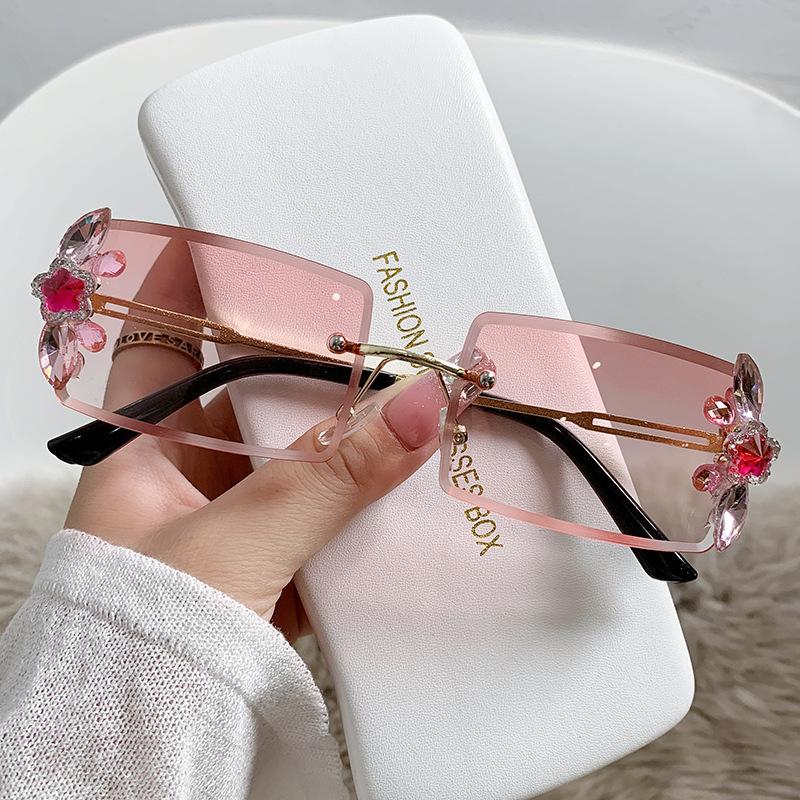 Rectangular Small Frame Diamond-inlaid Sunglasses Women's Small Face Round Face Sun Protection Sunglasses Trendy