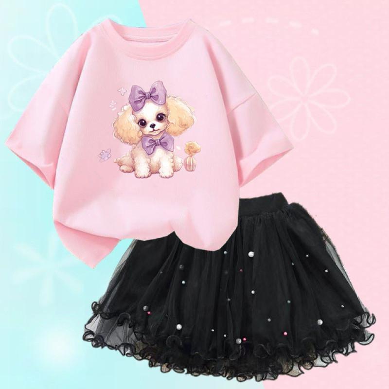 Summer Girls Cute Dog Print T Shirt & Tutu Skirt Two Piece Outfits Party Birthday Christmas Clothes 2-12Y