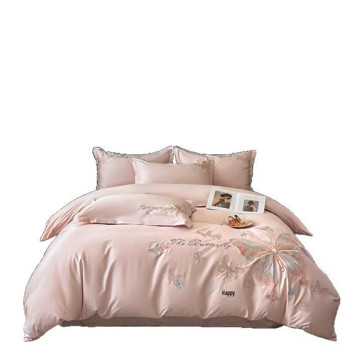 Light Luxury 100% Cotton Embroidered 4-Piece Bedding Set with Rounded Corner Sheets