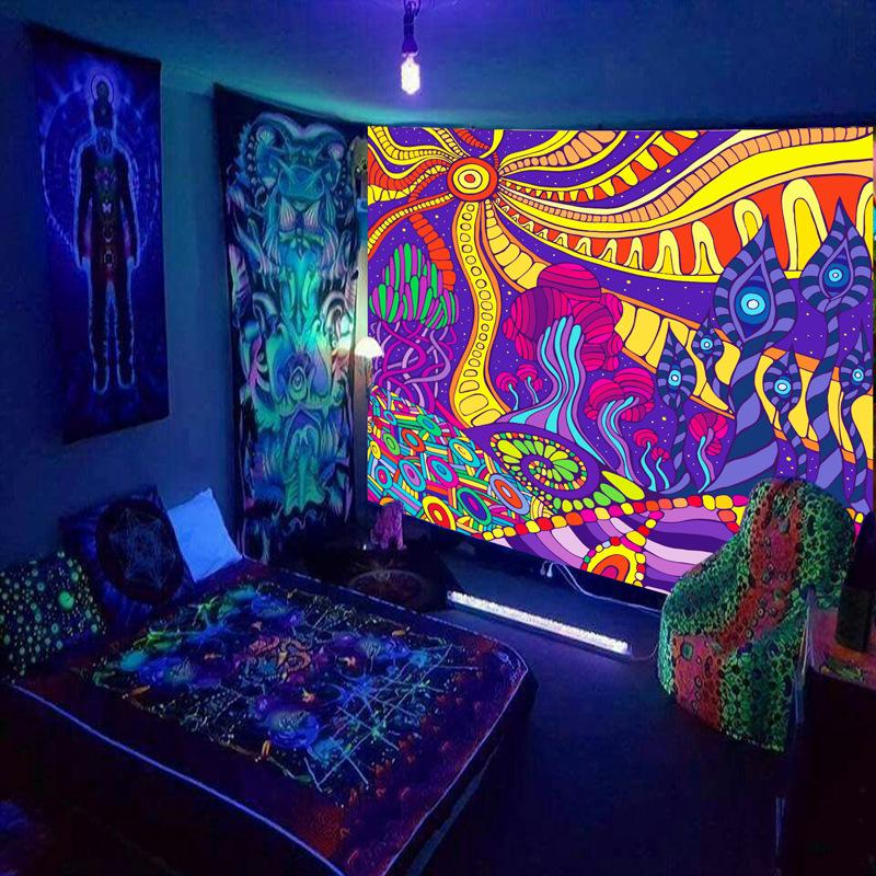 Black Light Tapestry Wall Hanging UV Reactive Psychedelic World Hippie  for Bedroom Dorm Indie Room Decor