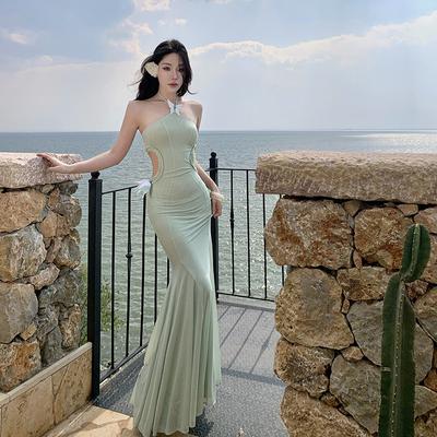 Niche Temperament Butterfly Neck Hollow Dress Backless Thin Fishtail Dress Long Dress Sea