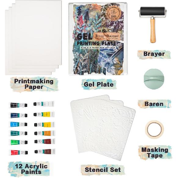 BuzzBright Gel Printing Plate kit, Complete Printmaking Set with 5”X7” Gelatin Plate, Brayer, Printmaking Paper, Acrylic Paint and Essential