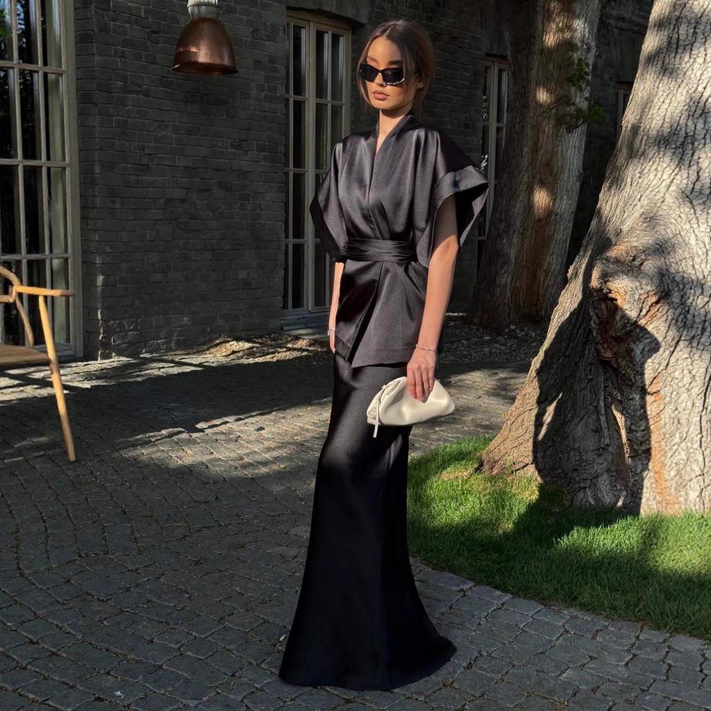 2025 Summer Casual V-neck Short-sleeve Goddess Waist-Cinching Long Dress