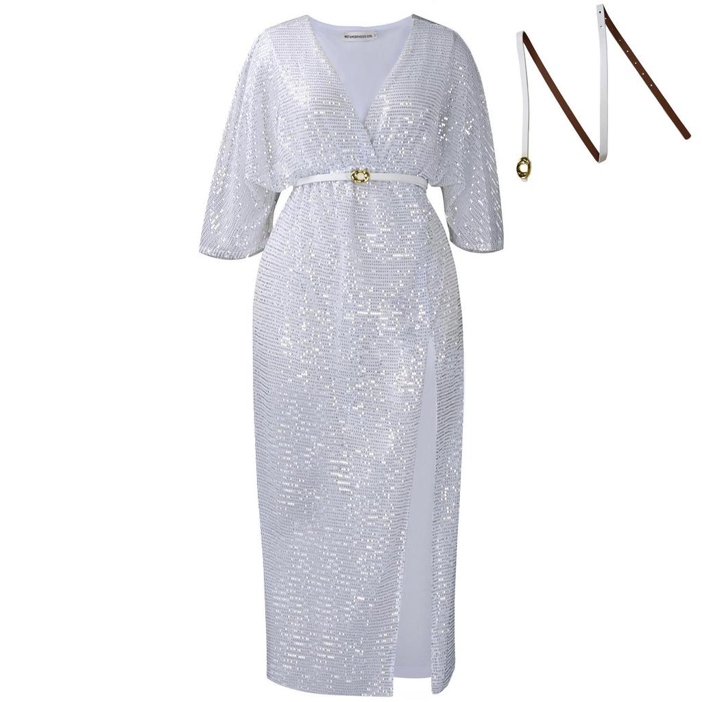 Women's 2025 Fashion Sequin Dress with Batwing Sleeves and Deep V-neck