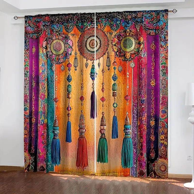 Style Ruffled Pattern Printed Curtains Window Decorations Home Room Curtain Set Of 2 Bohemian Made Polyester Washable