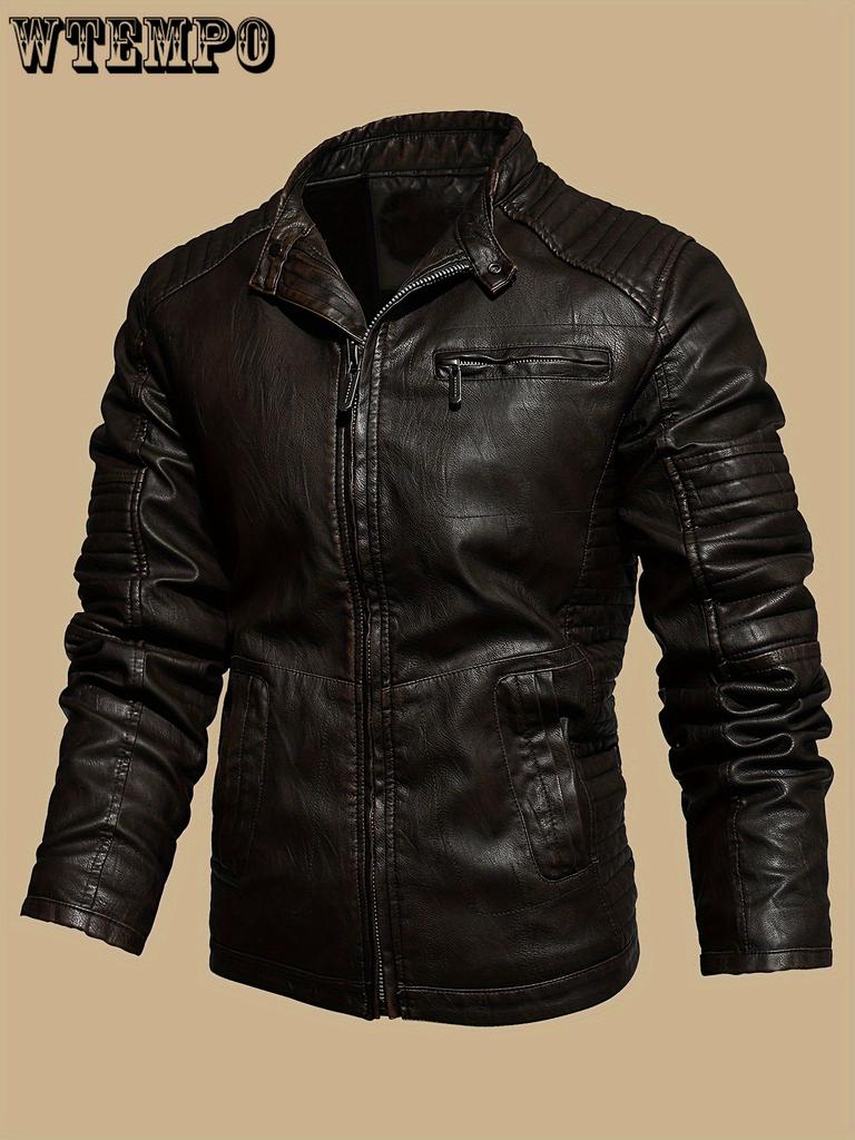 Vintage-Inspired Men's Faux Leather Jacket - Windproof, Warm Fleece Lined, Multi-Pocket Design for Motorcycle Riding & Casual Wear
