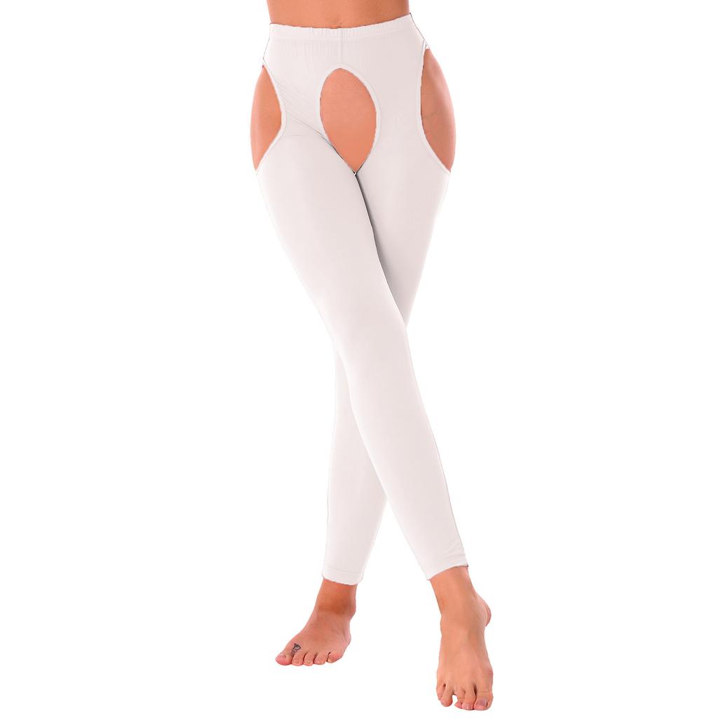 Womens Hollow Out Leggings Glossy Elastic Waist Crotchless Design Stretchy Nightwear Bottoms