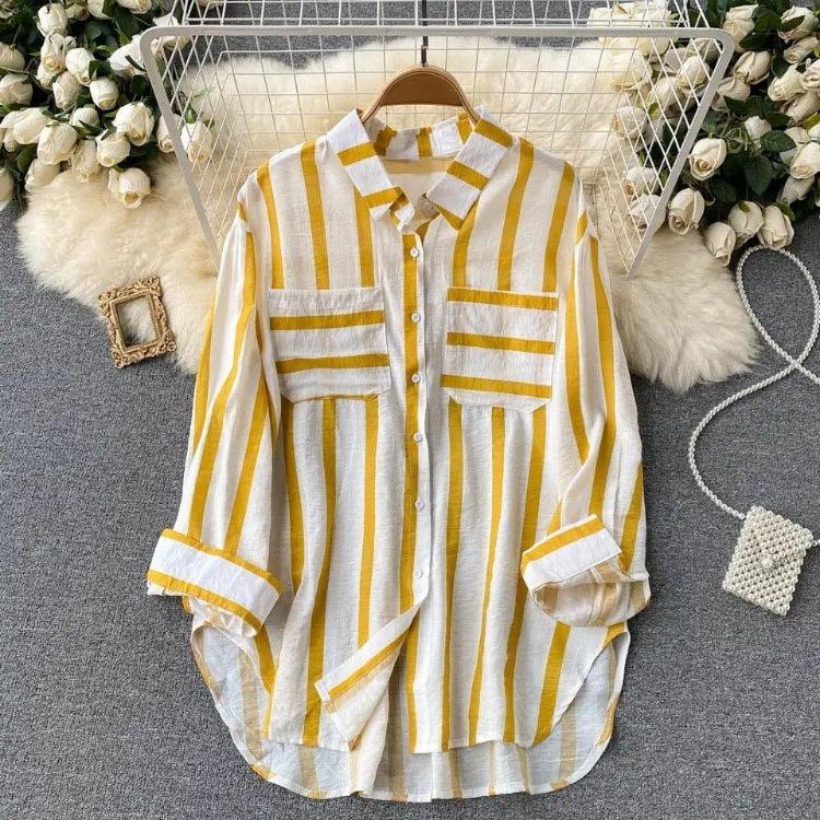 Women Casual Loose Korean Style Vertical Striped Shirt Jacket Mid Length Tops Summer New Multi Color