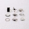 Vintage Black Gemstone Set Nine-piece Ring, Geometric Snake Crown Leaf Ring Set
