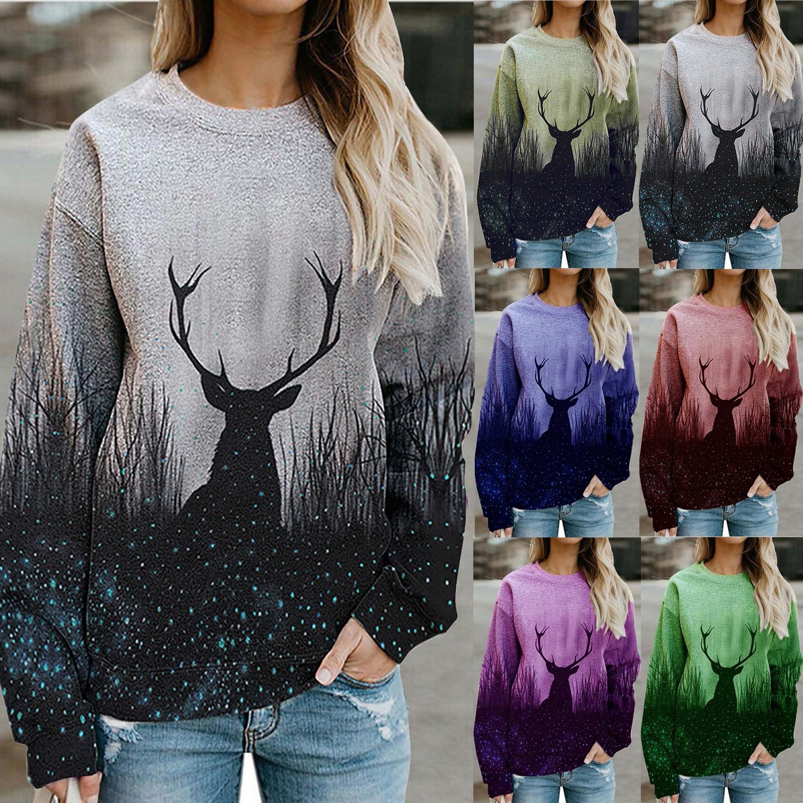 

Women s Chirstmas Forest Elk Long Sleeve Sweatshirt Casual Pullover Tops