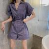 Retro Women’s Waist-Cinched Workwear Jumpsuit: 2026 Korean Style, Short-Sleeved, Loose Wide-Leg Shorts
